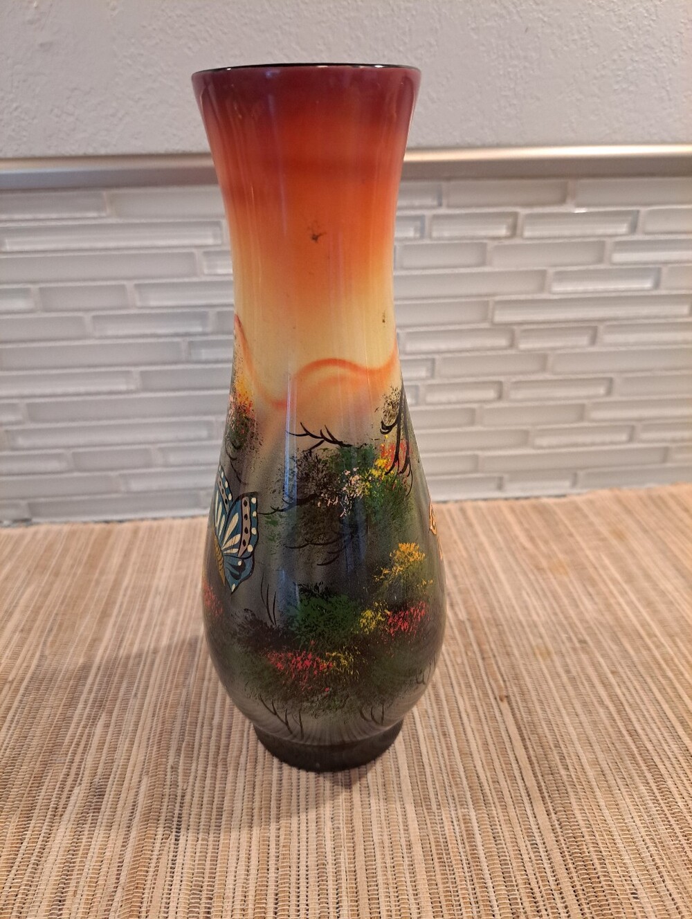 Hand Painted Oriental Style Wood Vase Mountains Flowers 8" Tall Vietnam - Picture 3 of 6
